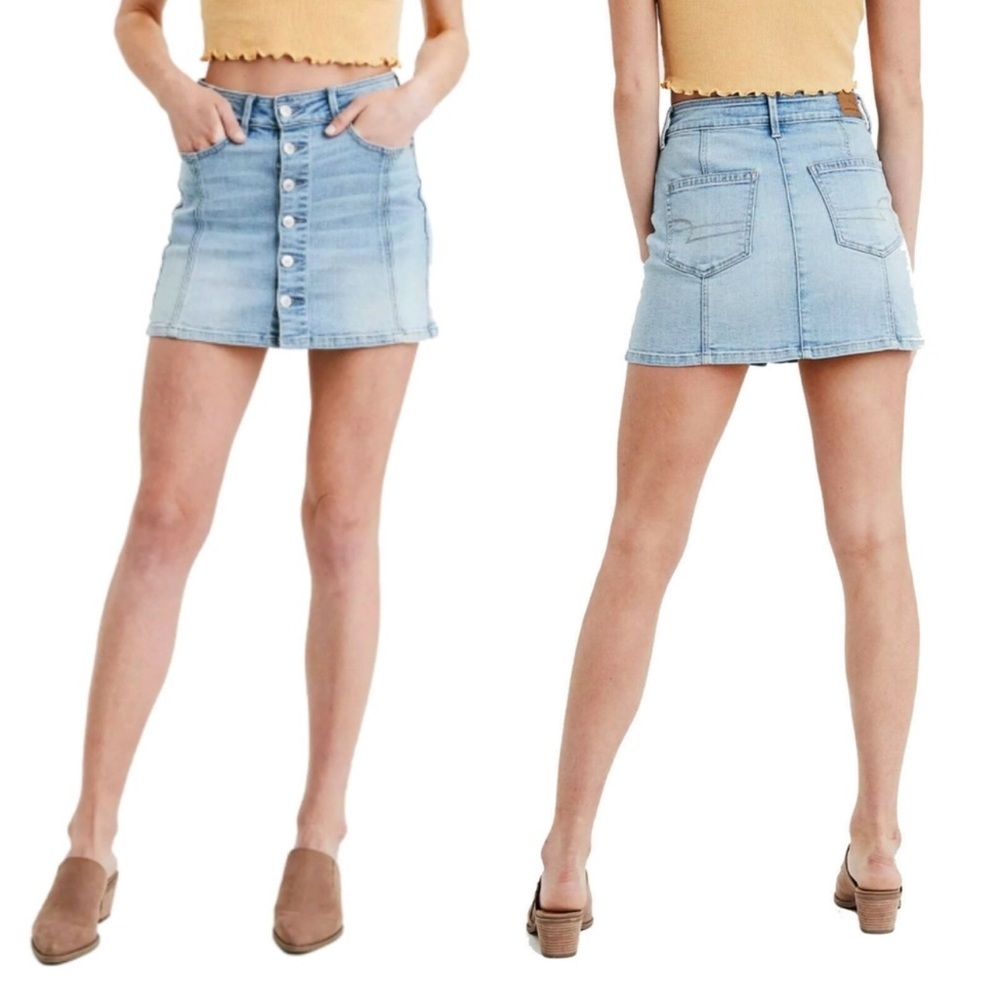 American Eagle High Rise Pencil Light Blue Denim Button Up Skirt Size 6